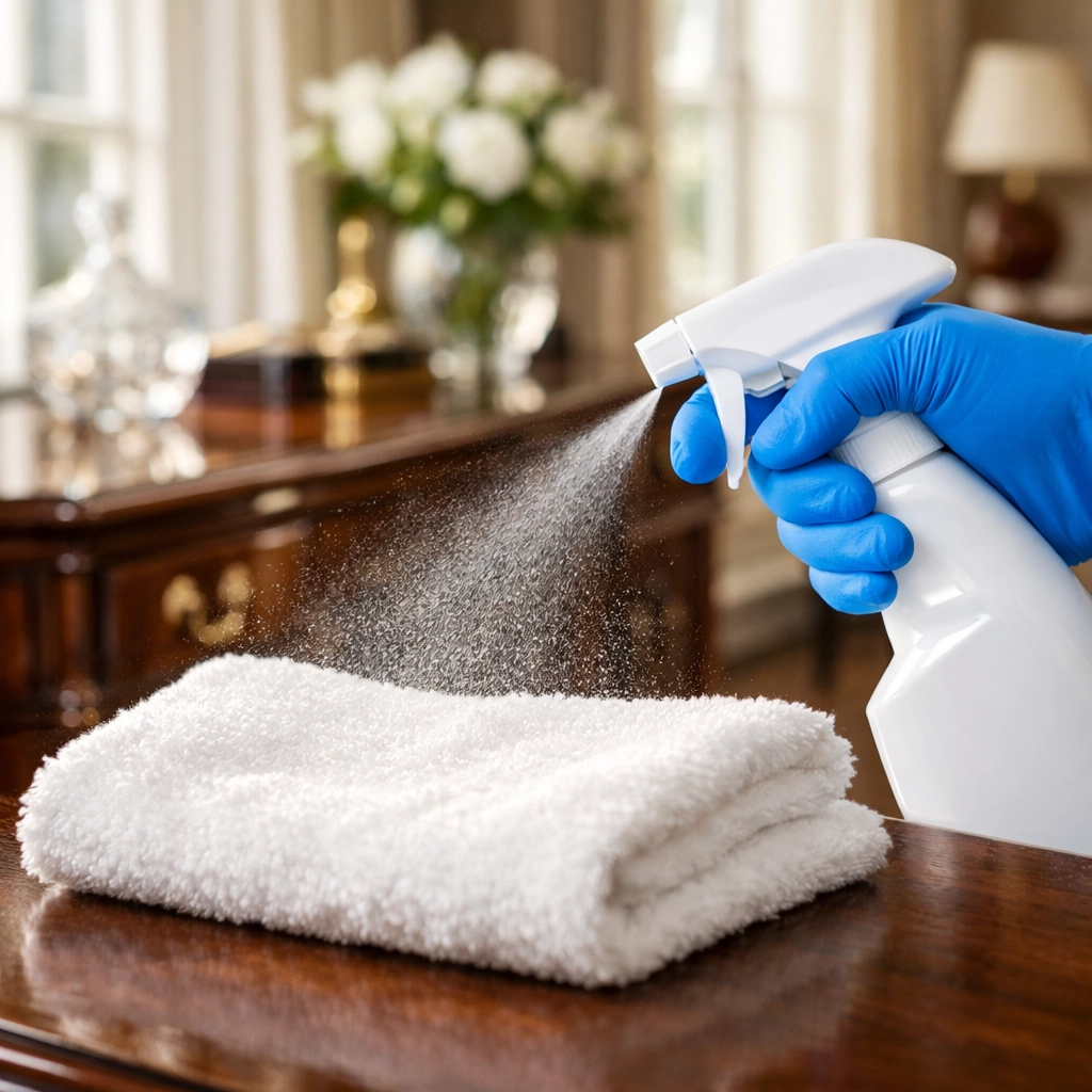 Professional hand spraying microfiber cloth for safe deep cleaning of antique furniture in Wellesley MA.