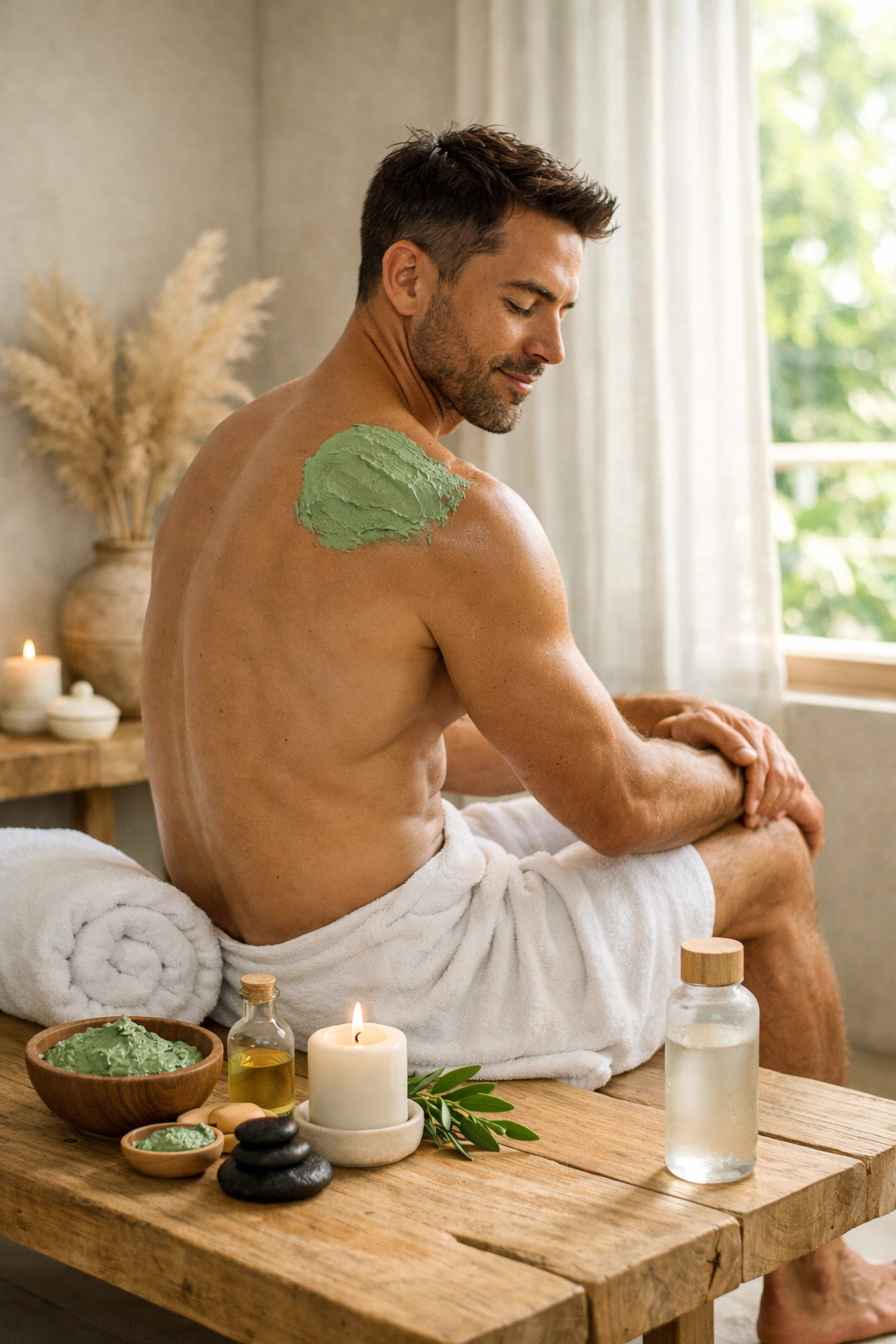 Using French green clay for natural shoulder recovery and joint health in a peaceful wellness lounge.