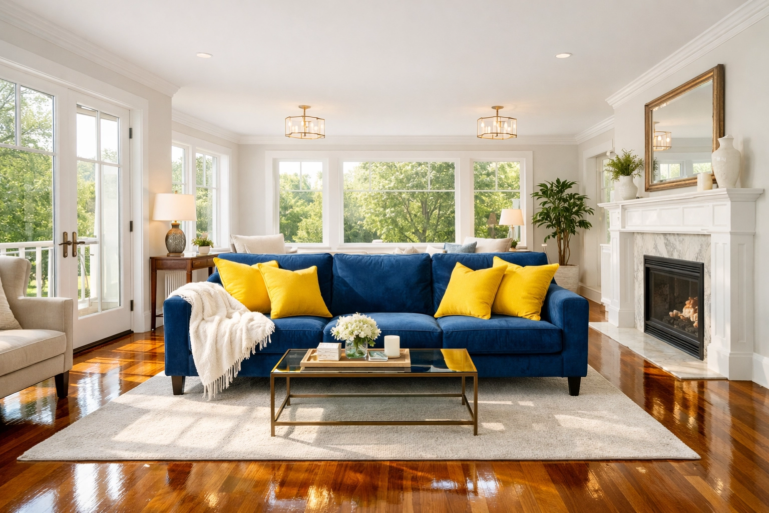 Professionally cleaned living room in Leominster MA with polished hardwood floors and blue sofa.