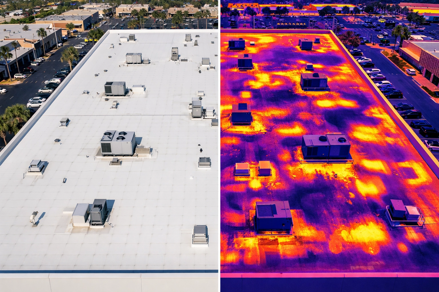 Split-screen comparison of commercial roof: normal view vs thermal imaging revealing hidden moisture