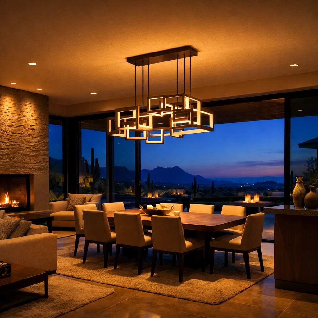 Modern open-concept living room with elegant smart home lighting and a warm recessed LED glow at sunset.