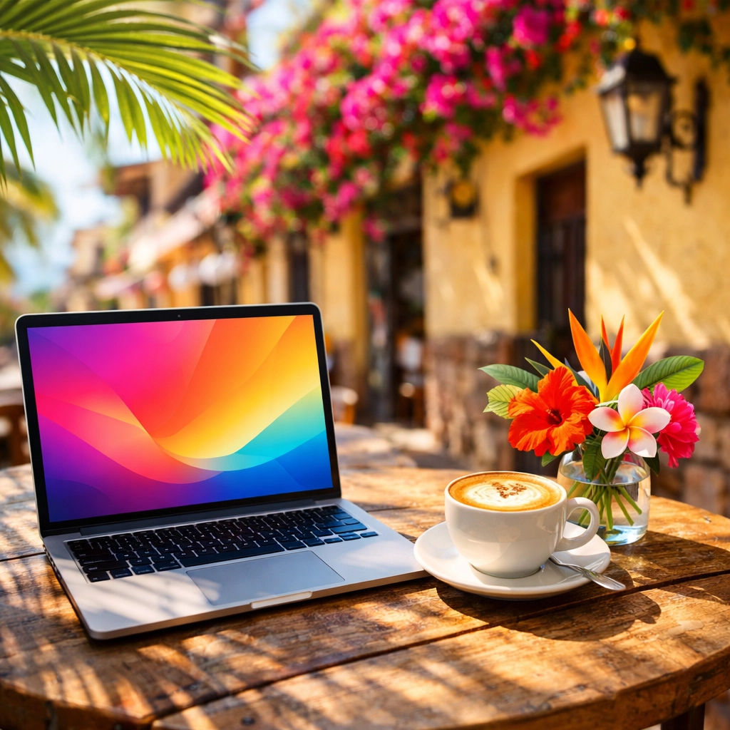 Digital nomad working on laptop at outdoor cafe in Puerto Vallarta Old Town