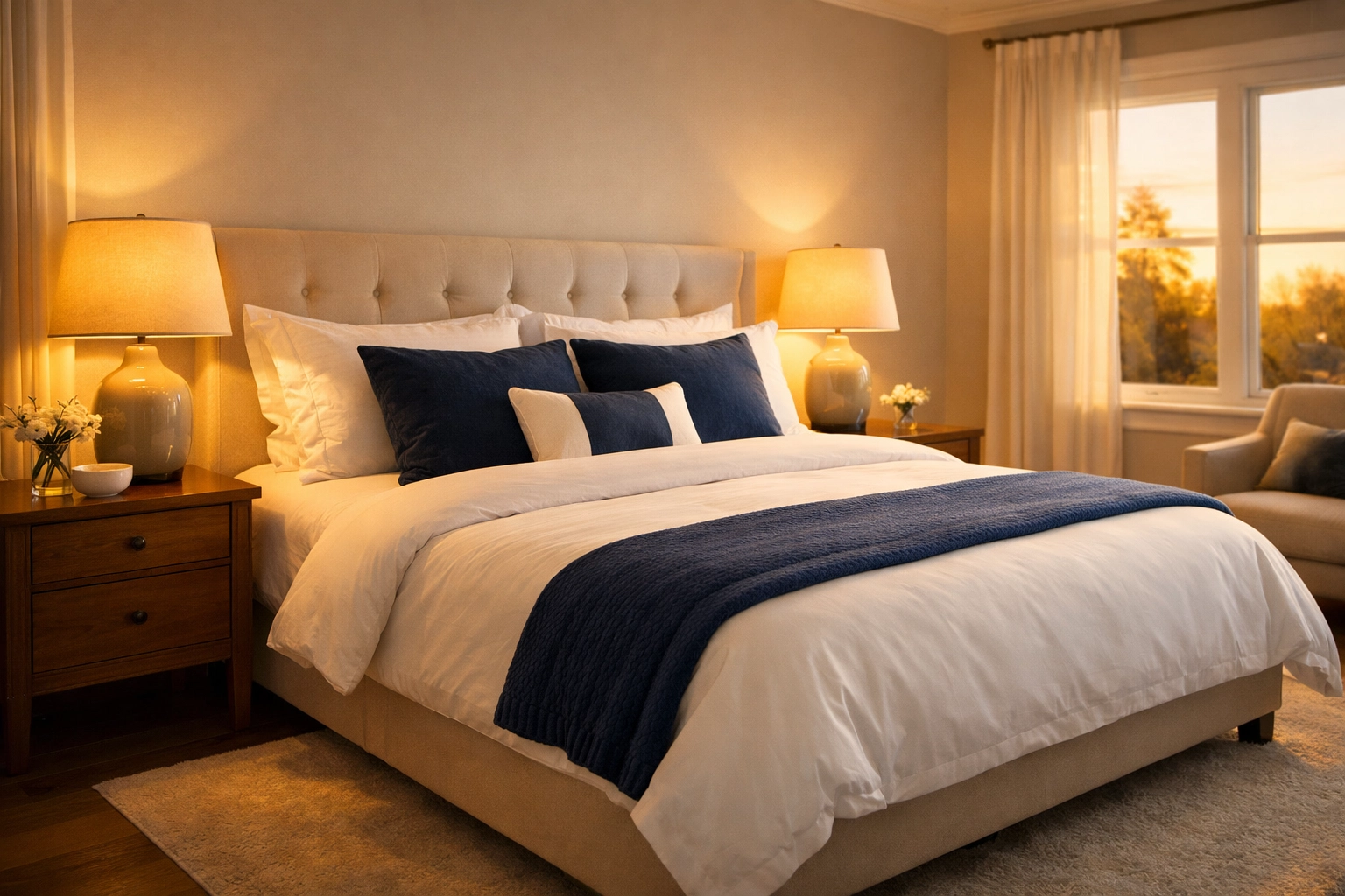 A perfectly clean and stress-free master bedroom following a house cleaning Lowell MA visit.