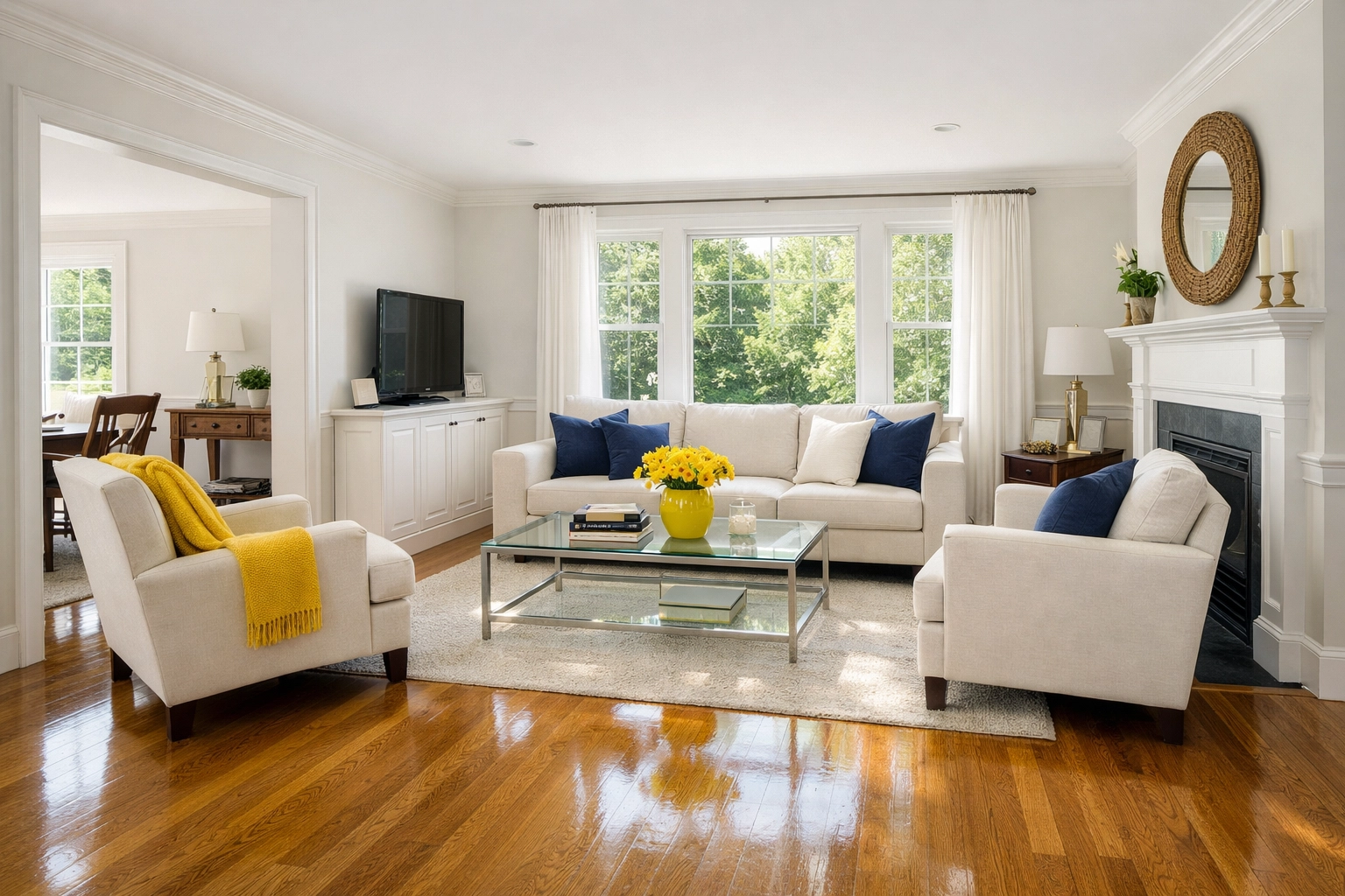 Clean, sun-drenched living room with polished floors showing the results of house cleaning in Ashby MA.