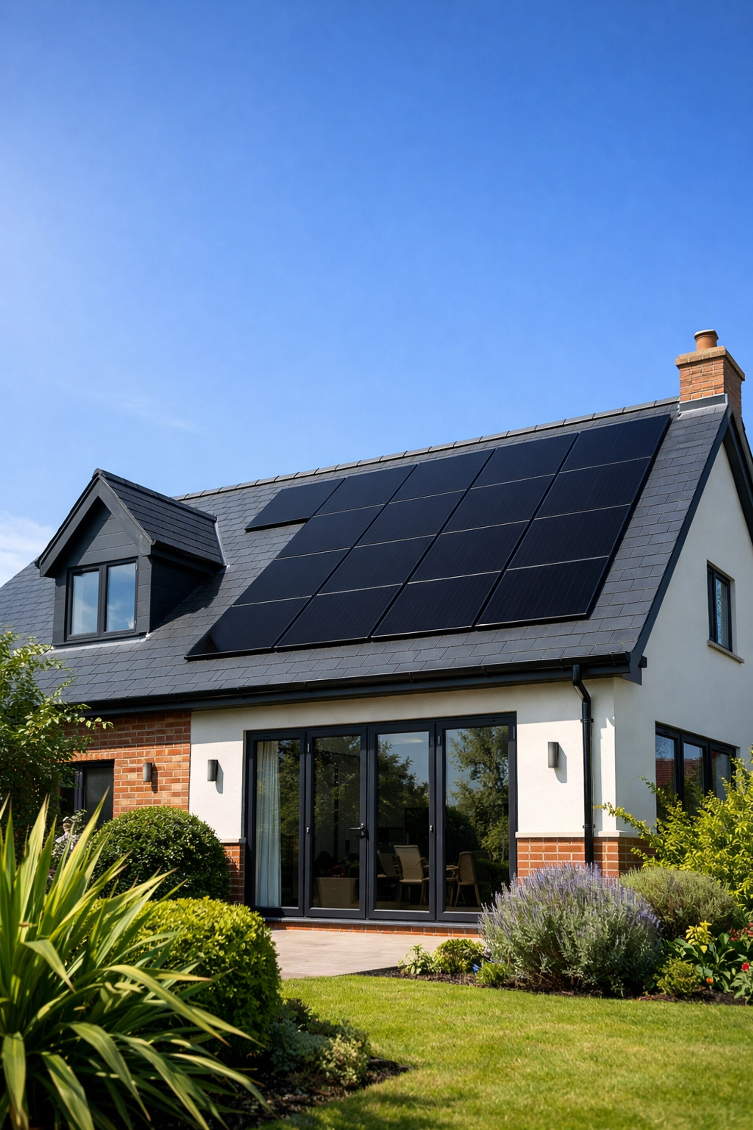 High-efficiency black monocrystalline solar panels professionally installed on a modern slate roof.