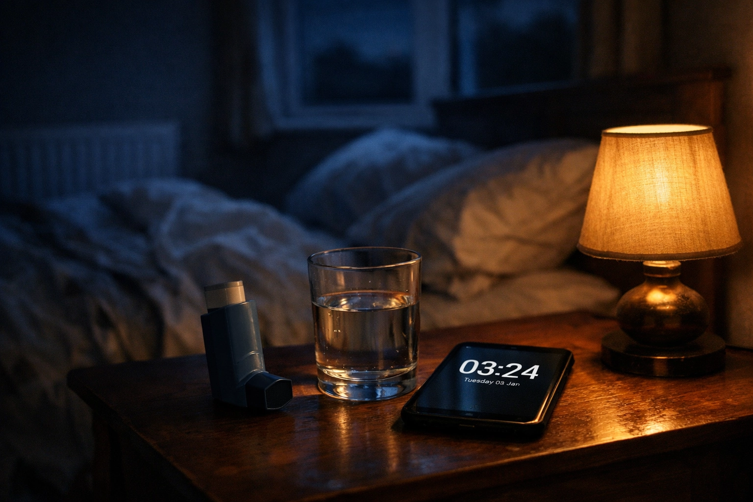 Bedside table showing asthma inhaler and clock at 3:24 AM illustrating nighttime asthma symptoms