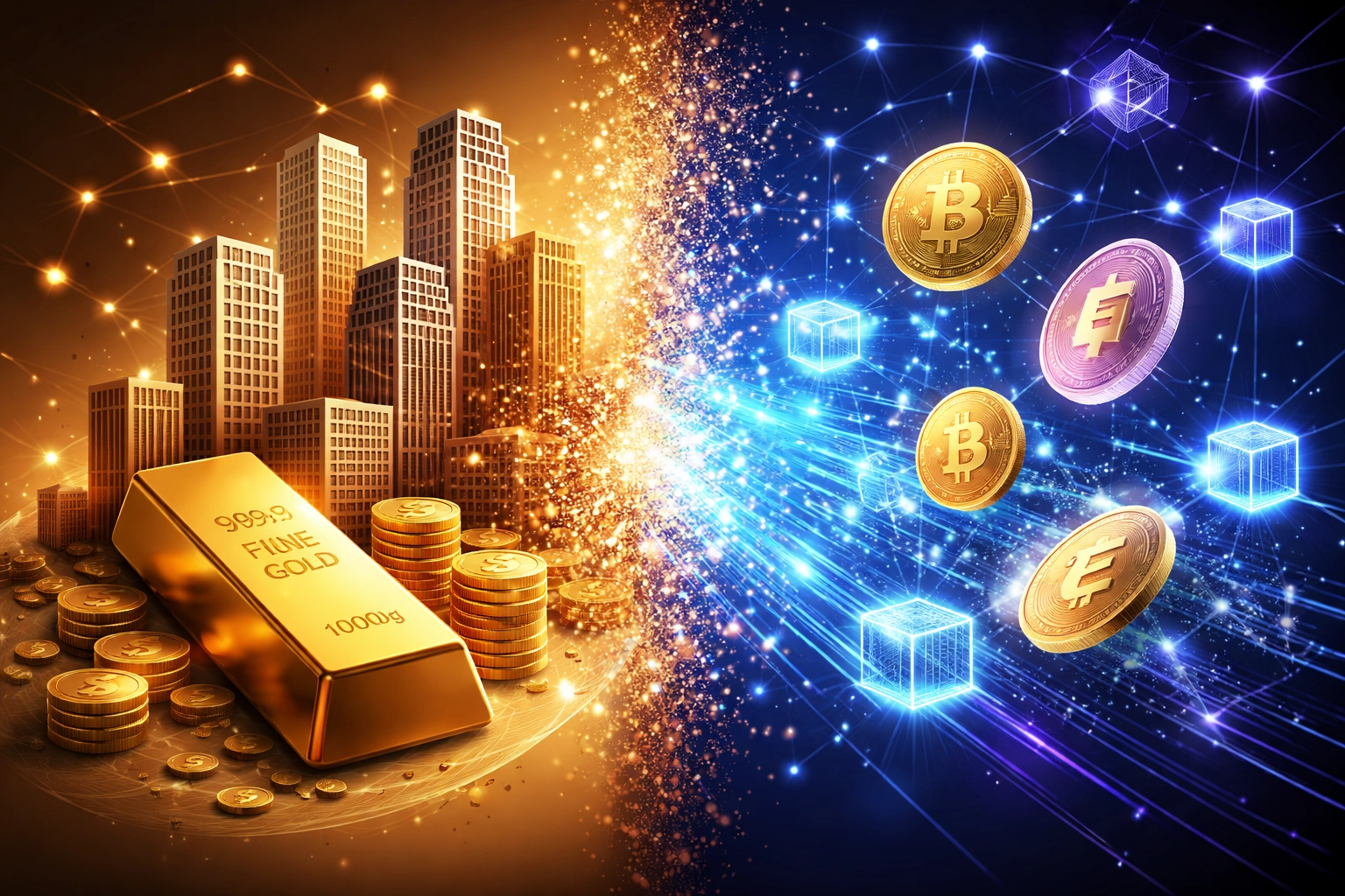 Visual comparison of traditional real estate assets and digital cryptocurrencies for balanced portfolio strategies