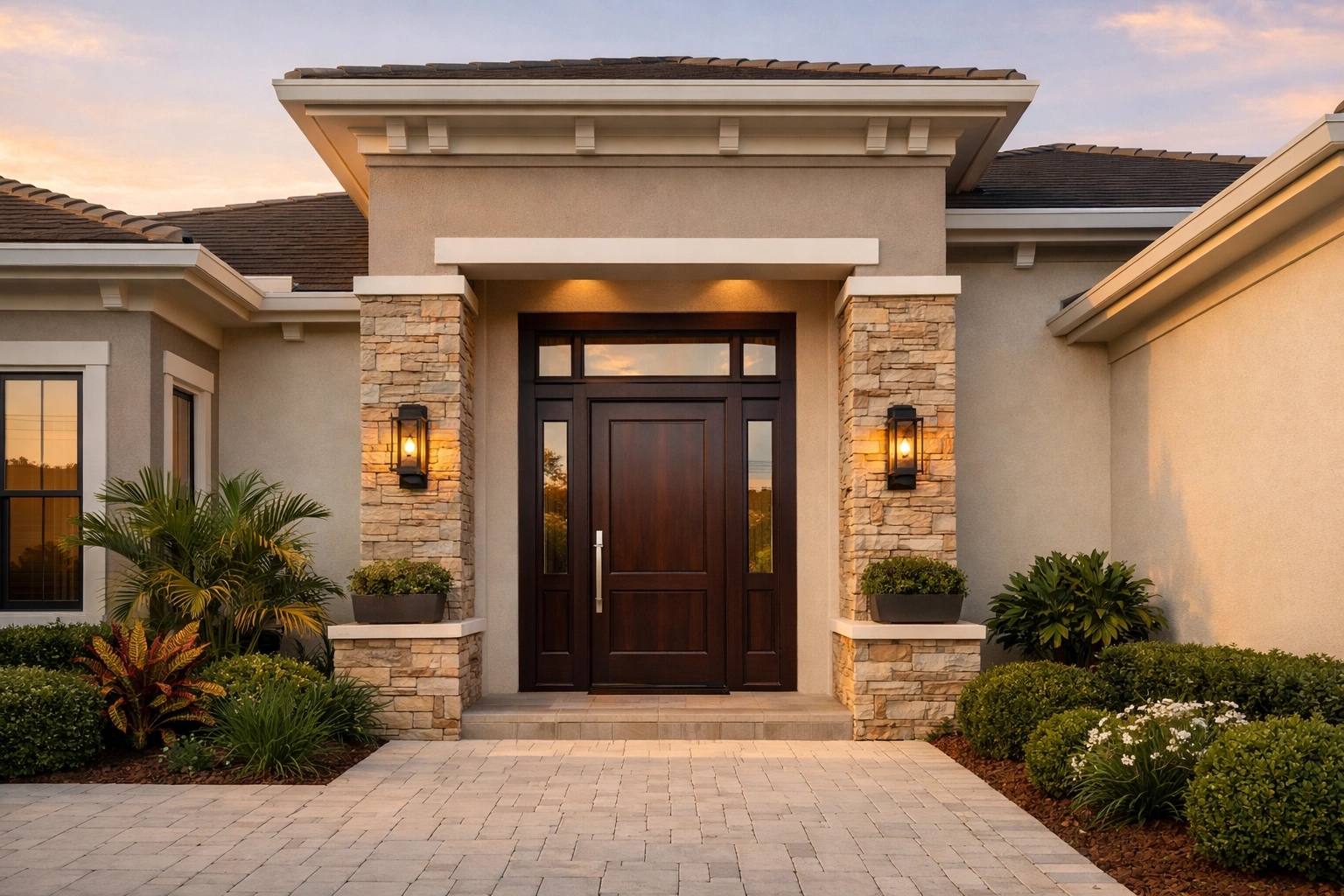 Modern Orlando home exterior featuring warm greige paint and a dark wood door for boosted curb appeal.