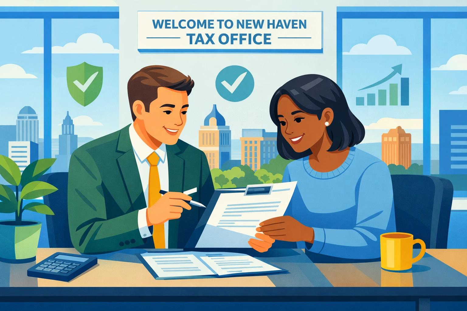 Tax professional consulting with client in New Haven office about 2026 tax planning