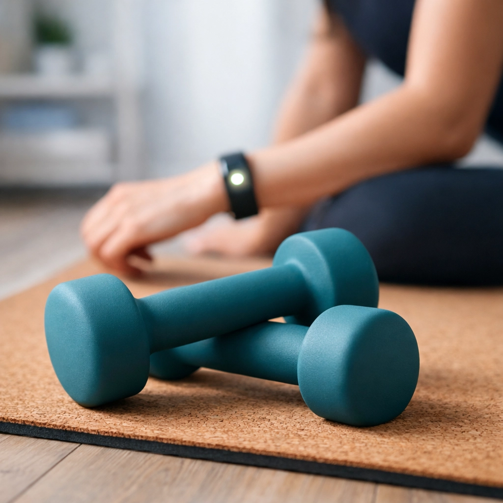Fitness tracker and dumbbells on a yoga mat for a consistent physical wellness routine.