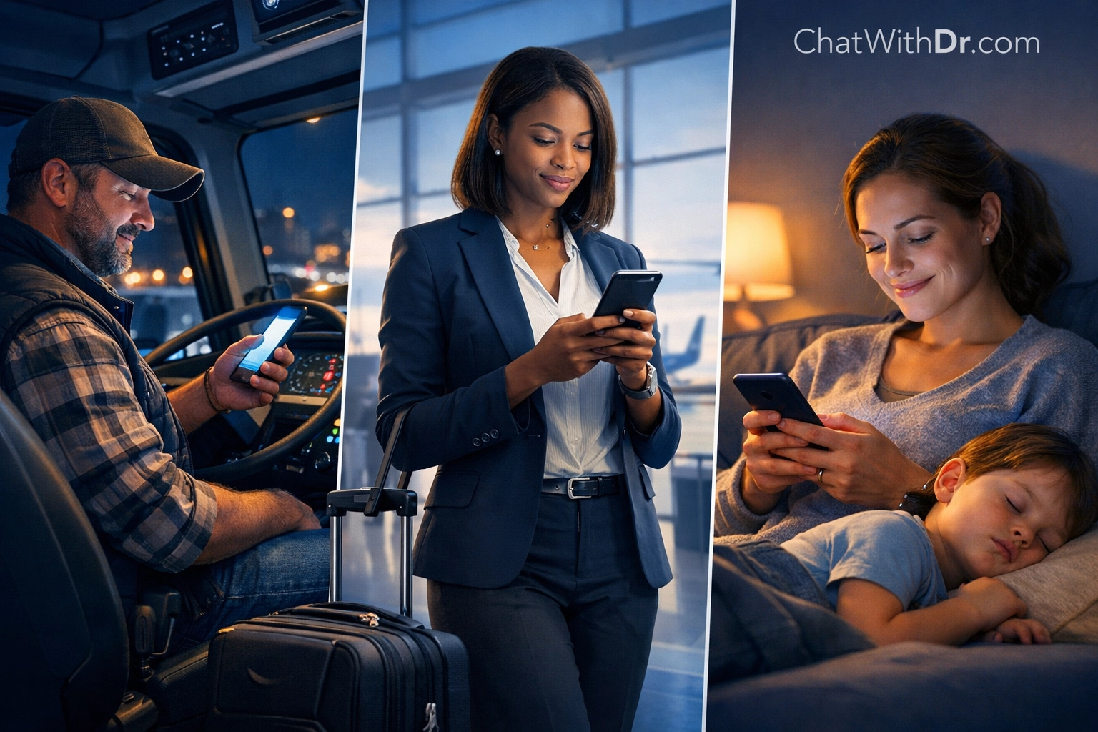 Truck driver, business traveler, and parent using 24/7 online medical chat on smartphones