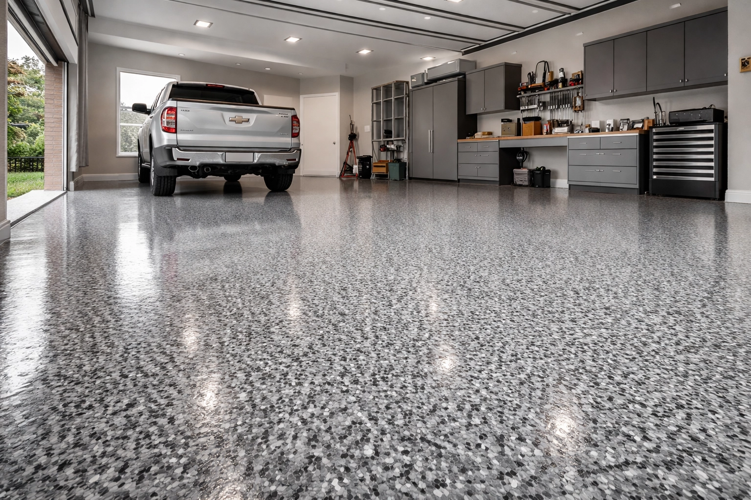 Professional decorative flake epoxy garage floor installation in a Madison MS residential home