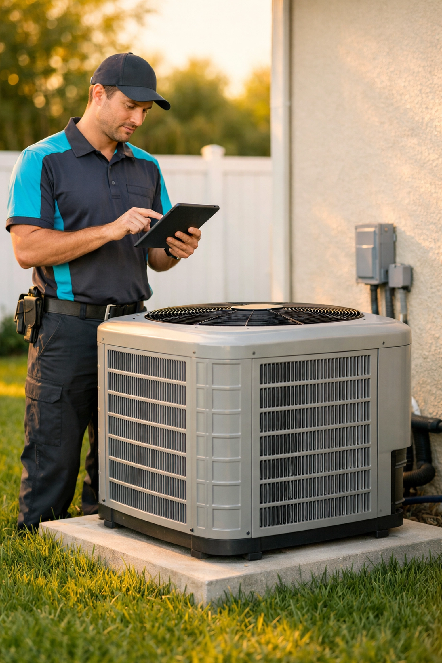 HVAC technician inspecting residential AC condenser unit for hurricane readiness in Florida