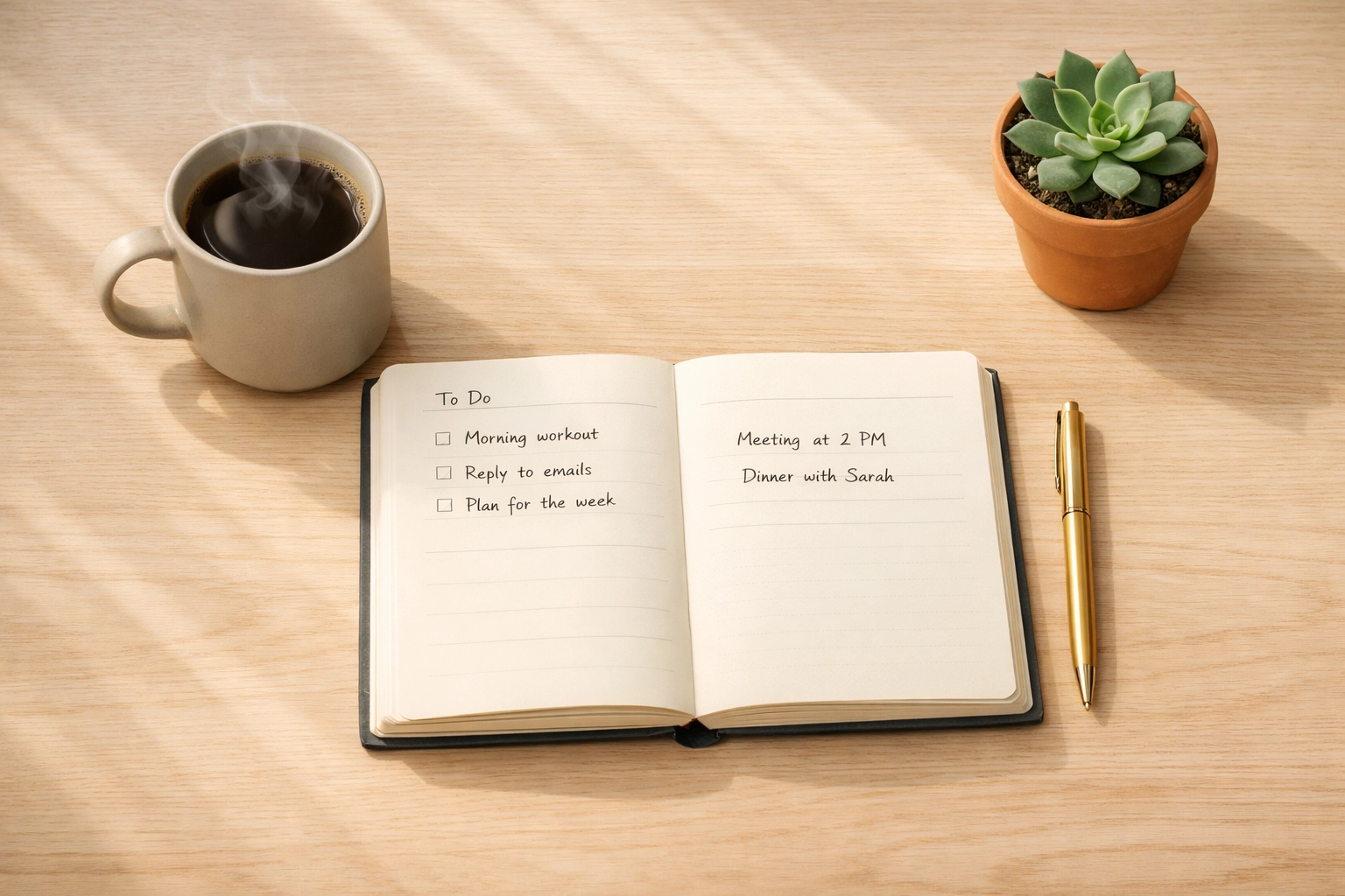 Minimalist morning desk setup with an open adhd planner pdf and coffee in soft natural light.