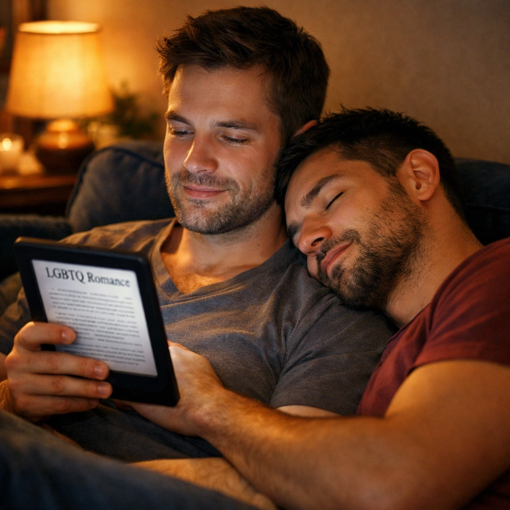 Two men cuddling on a sofa while reading an LGBTQ+ ebook, showing the emotional healing of MM romance books.