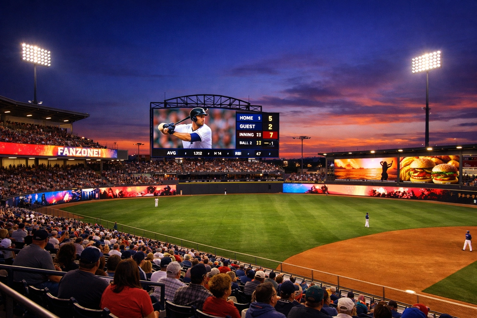 Sportrons Network digital scoreboard and LED ribbon boards displaying ads in a crowded minor league sports stadium.