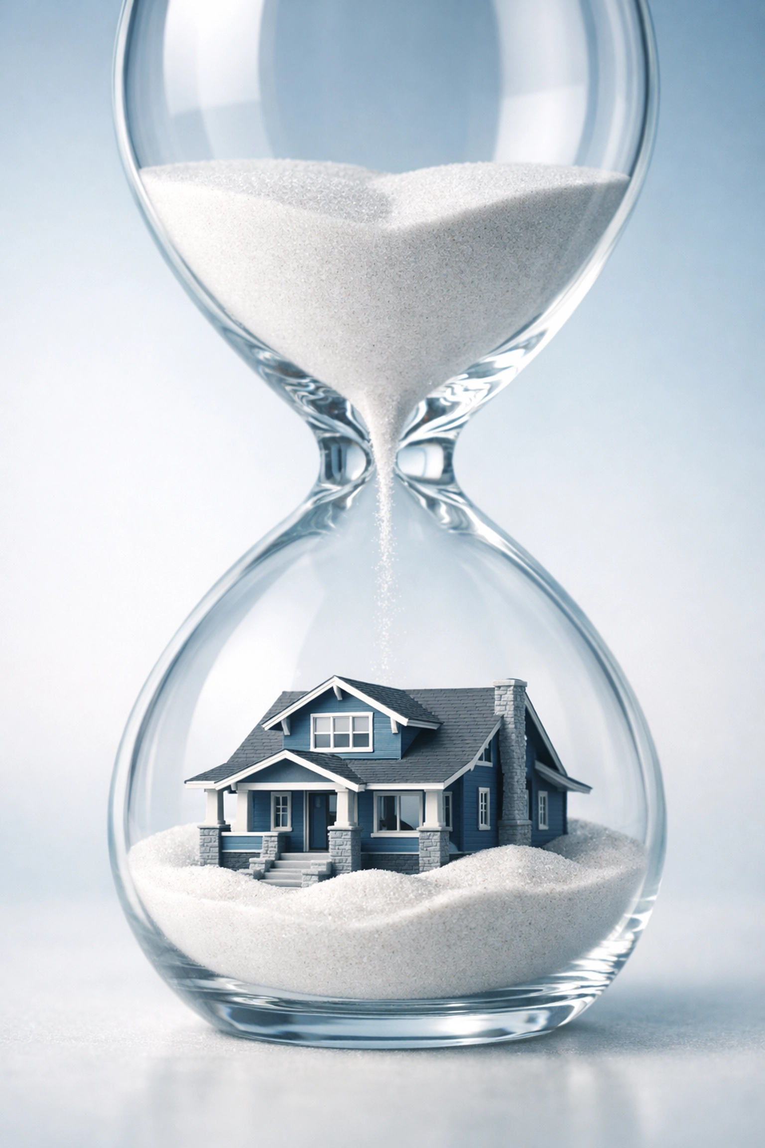An hourglass with a craftsman home representing the five-year rule for Spokane real estate investments.