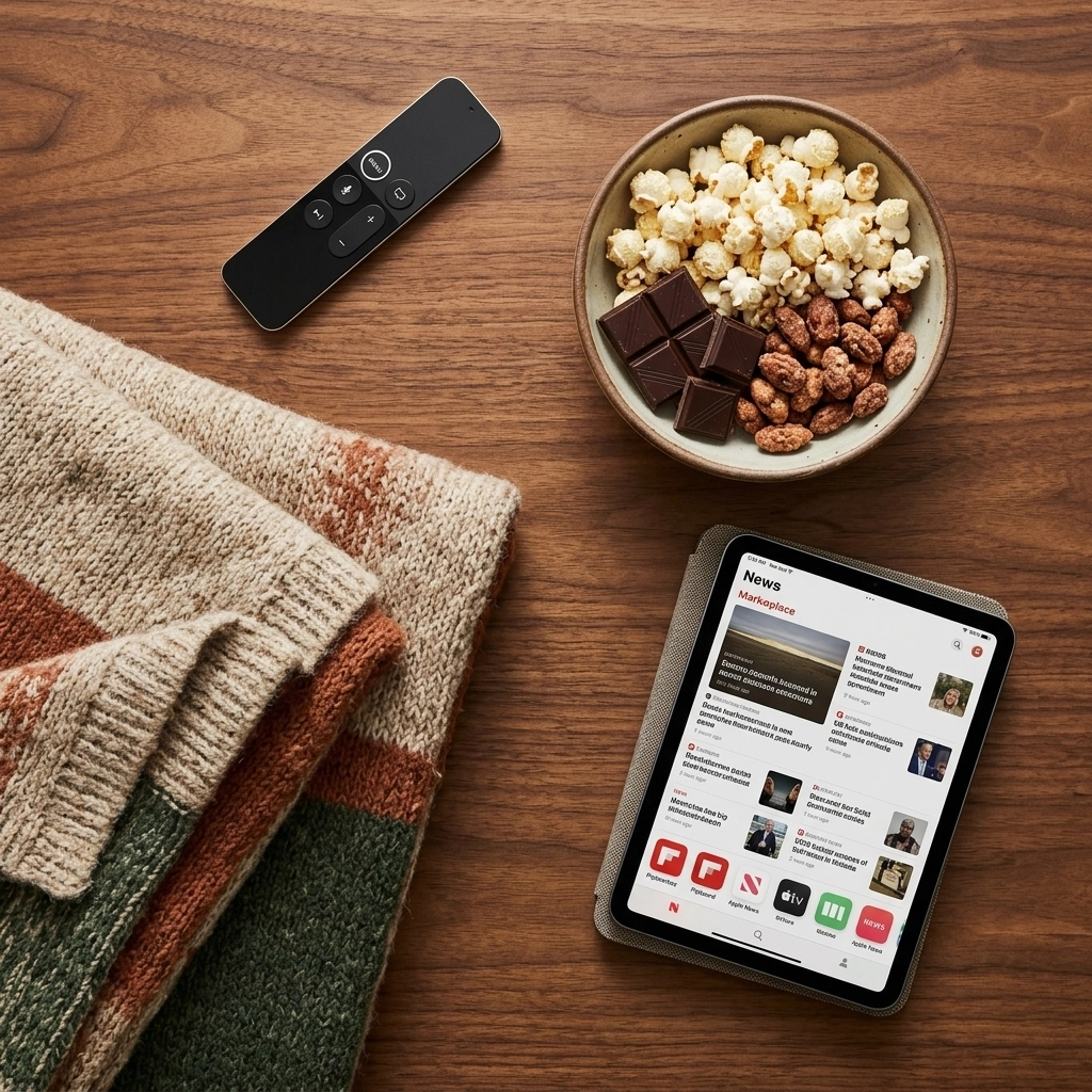 Binge watching essentials flat lay