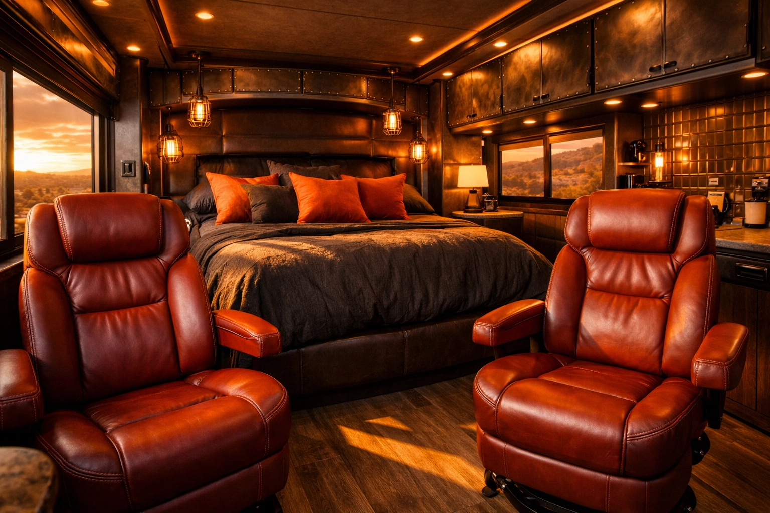 Custom RV bedroom with memory foam bed and premium captain's chairs for mobile living