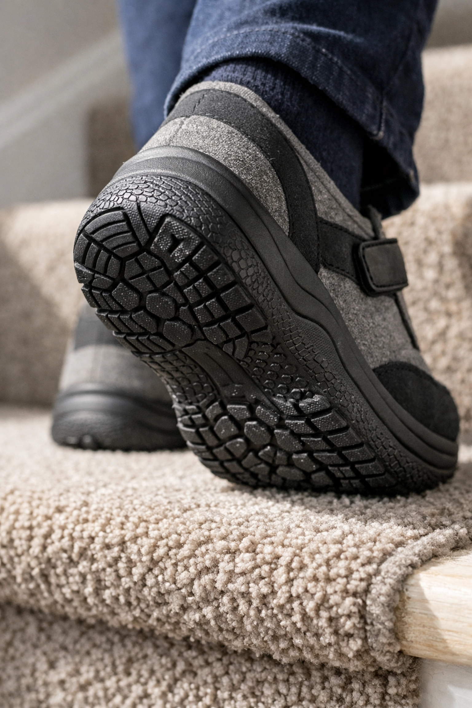 Supportive non-slip footwear providing firm traction on carpeted stairs to prevent slips and falls.
