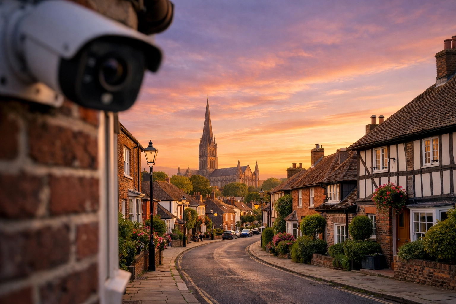 Security camera overlooking a peaceful Salisbury residential street with the cathedral spire in the distance.