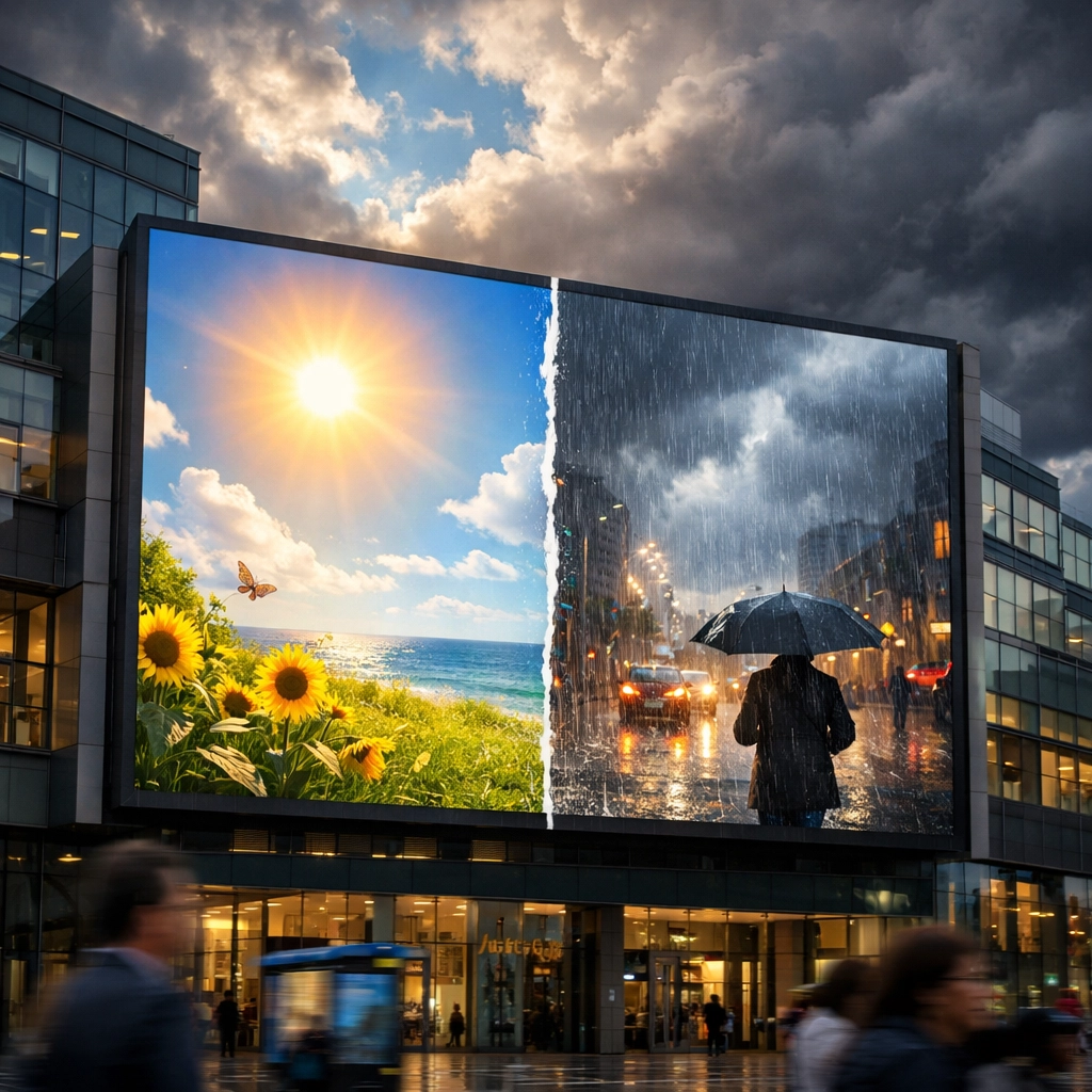 Weather-responsive digital outdoor advertising screen showing dynamic content changes