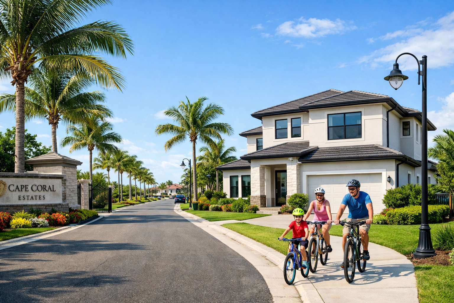 Modern gated community home in Southwest Cape Coral with palm tree-lined street