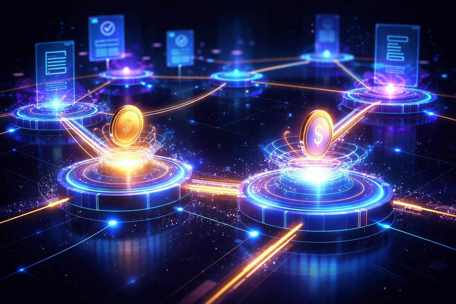 Blockchain payment network showing instant crypto settlement and seamless merchant fund access