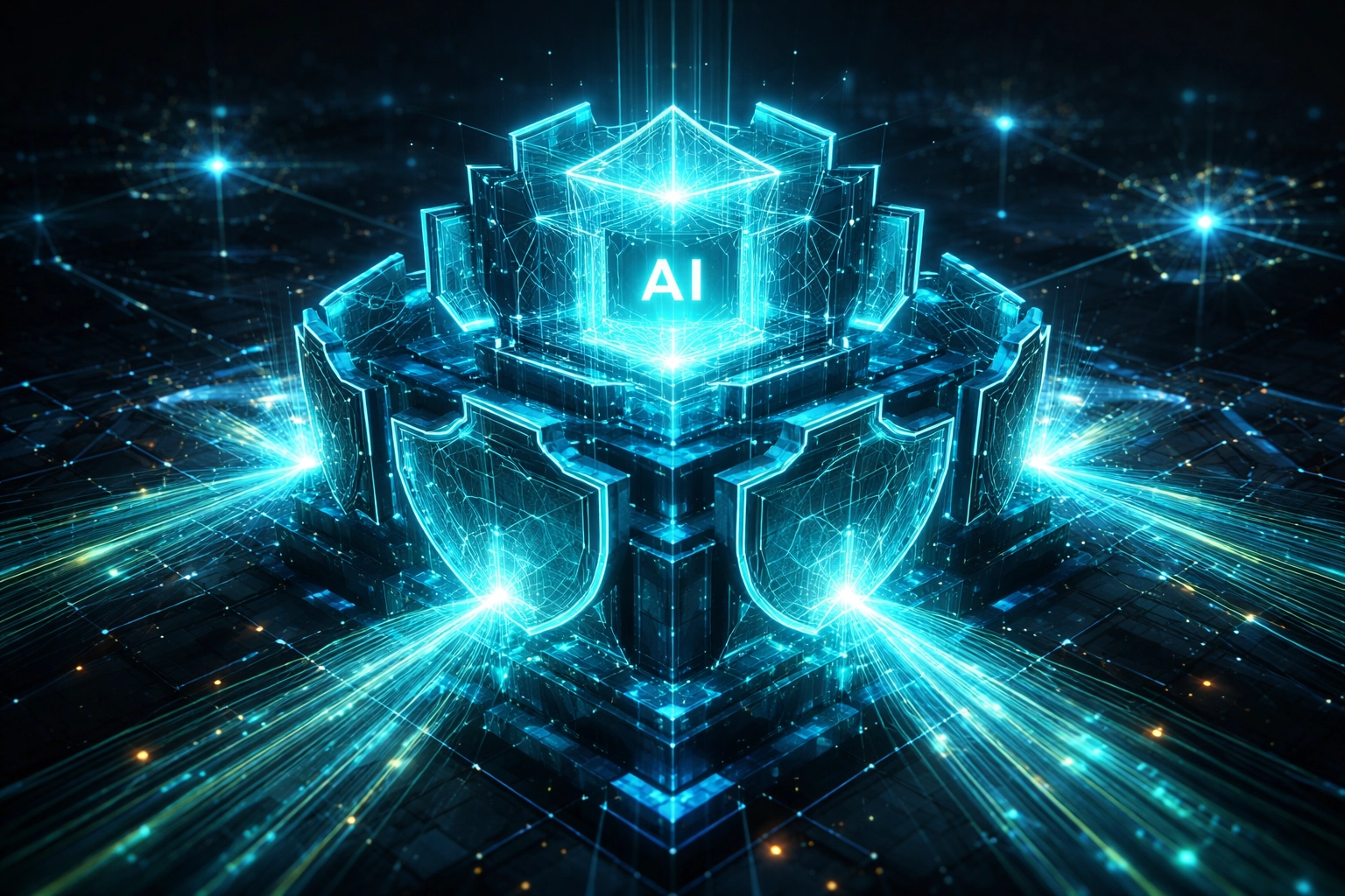 Digital fortress under construction illustrates robust cybersecurity layers in secure AI implementation.