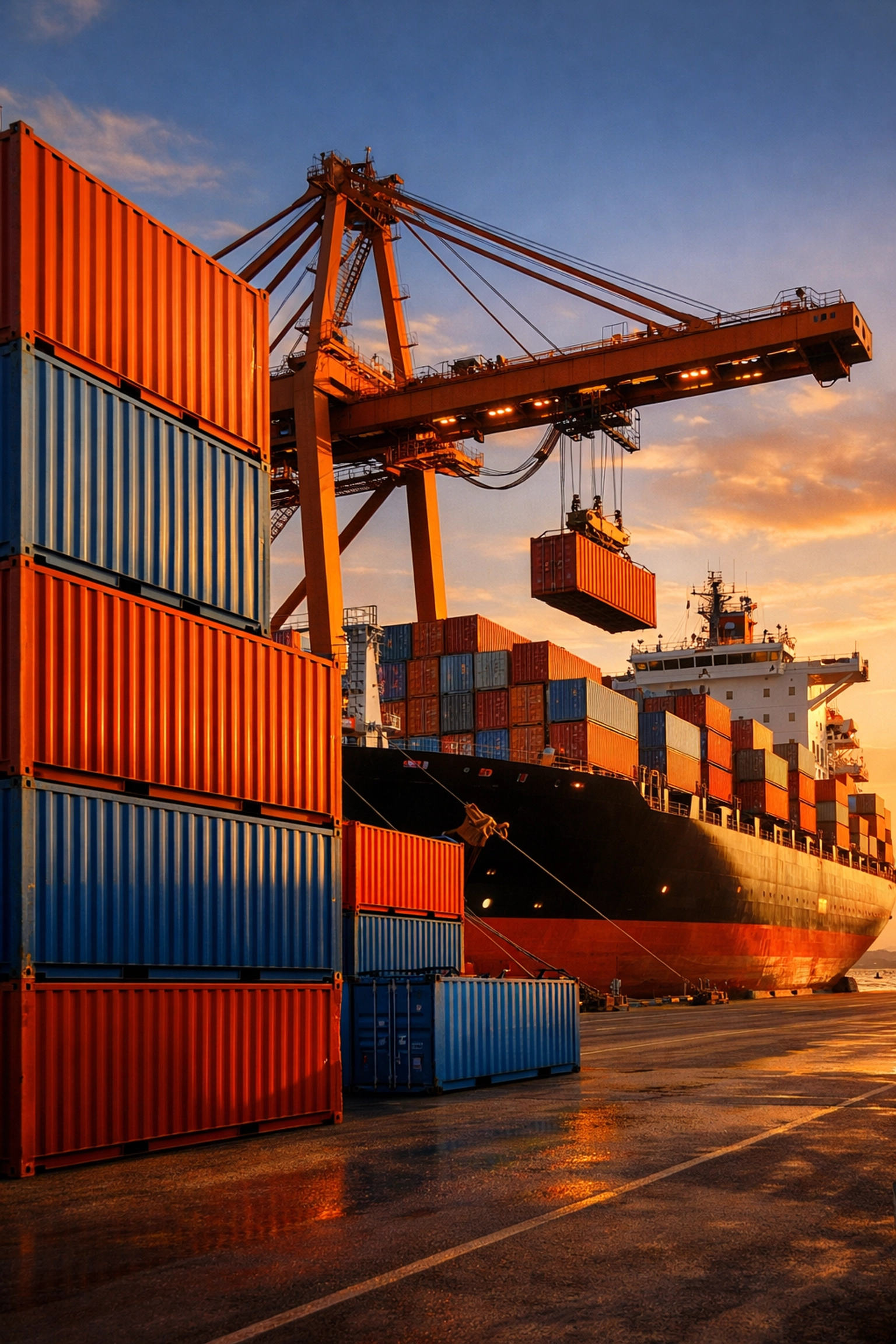 Colorful shipping containers at modern port with cargo ship being loaded by cranes