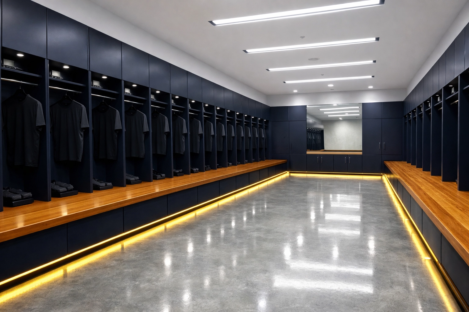 A sterile and organized modern sports locker room with polished floors and sanitized benches.