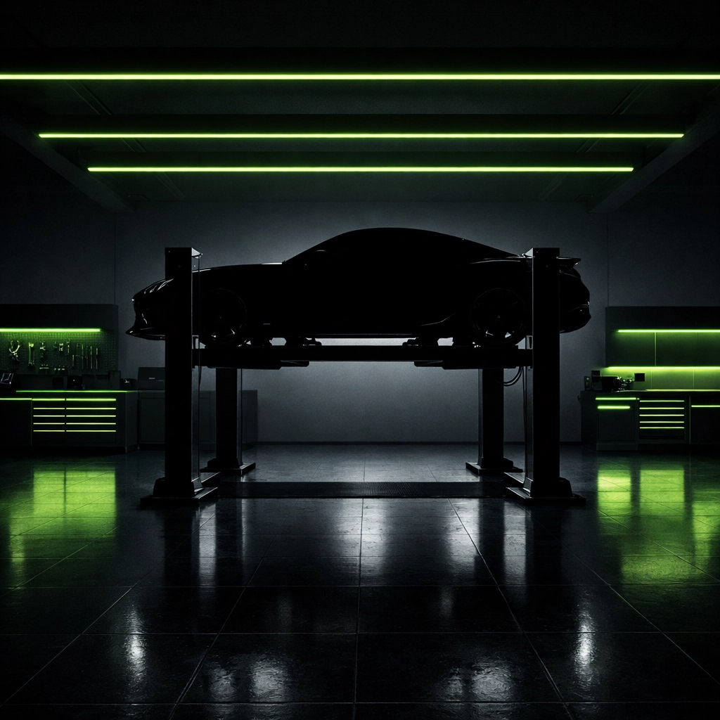 Modern Miller County auto repair shop with vehicle on lift, perfect for Amerishop directory leasing.