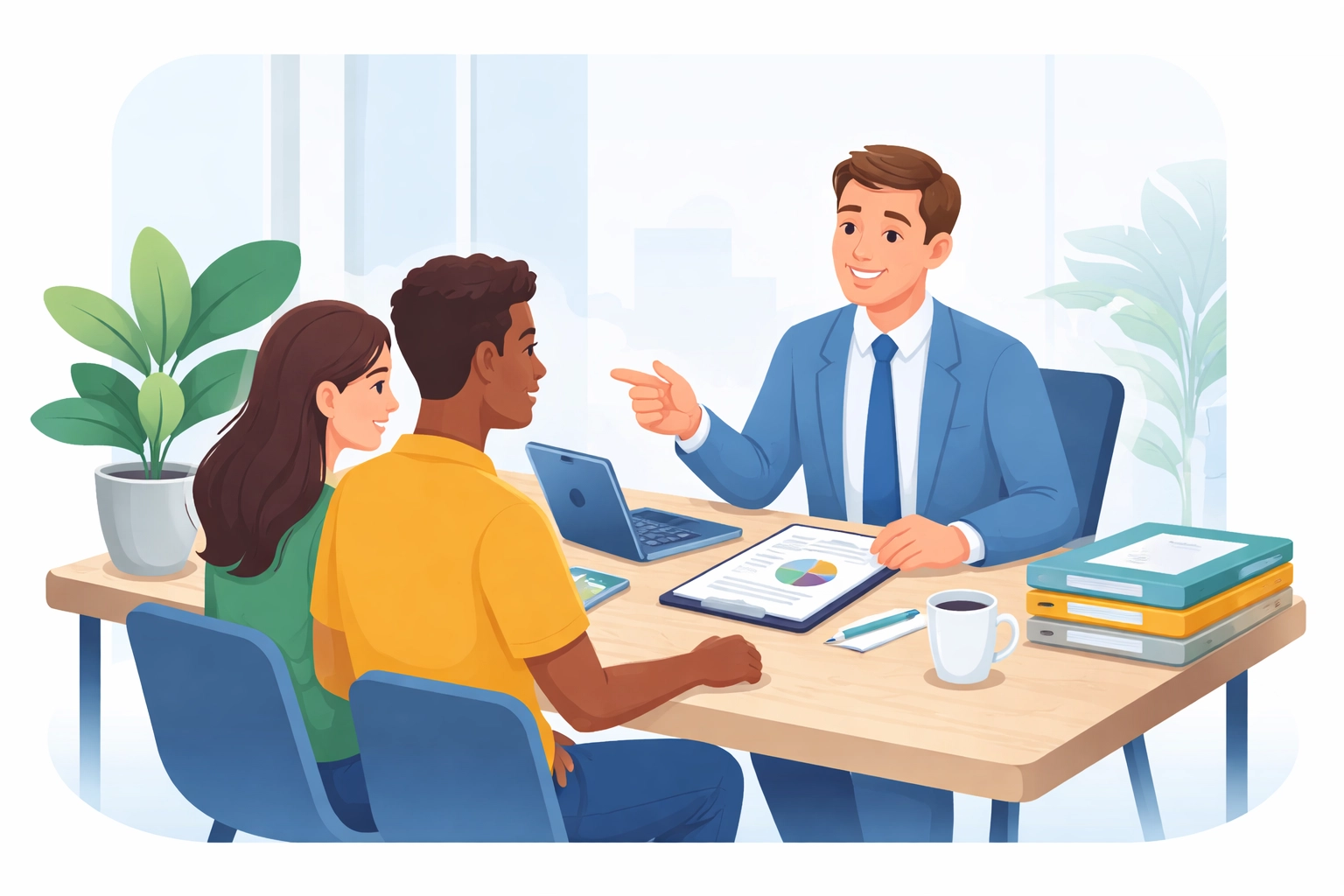 Tax professional assisting a diverse couple with 2026 New Haven tax filing at a modern office.