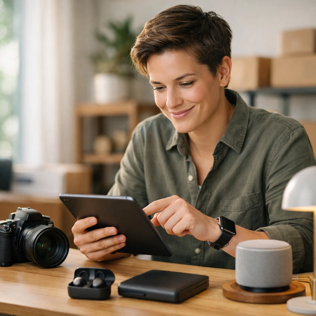 E-commerce entrepreneur analyzing wholesale deals and inventory liquidation lists on a tablet.