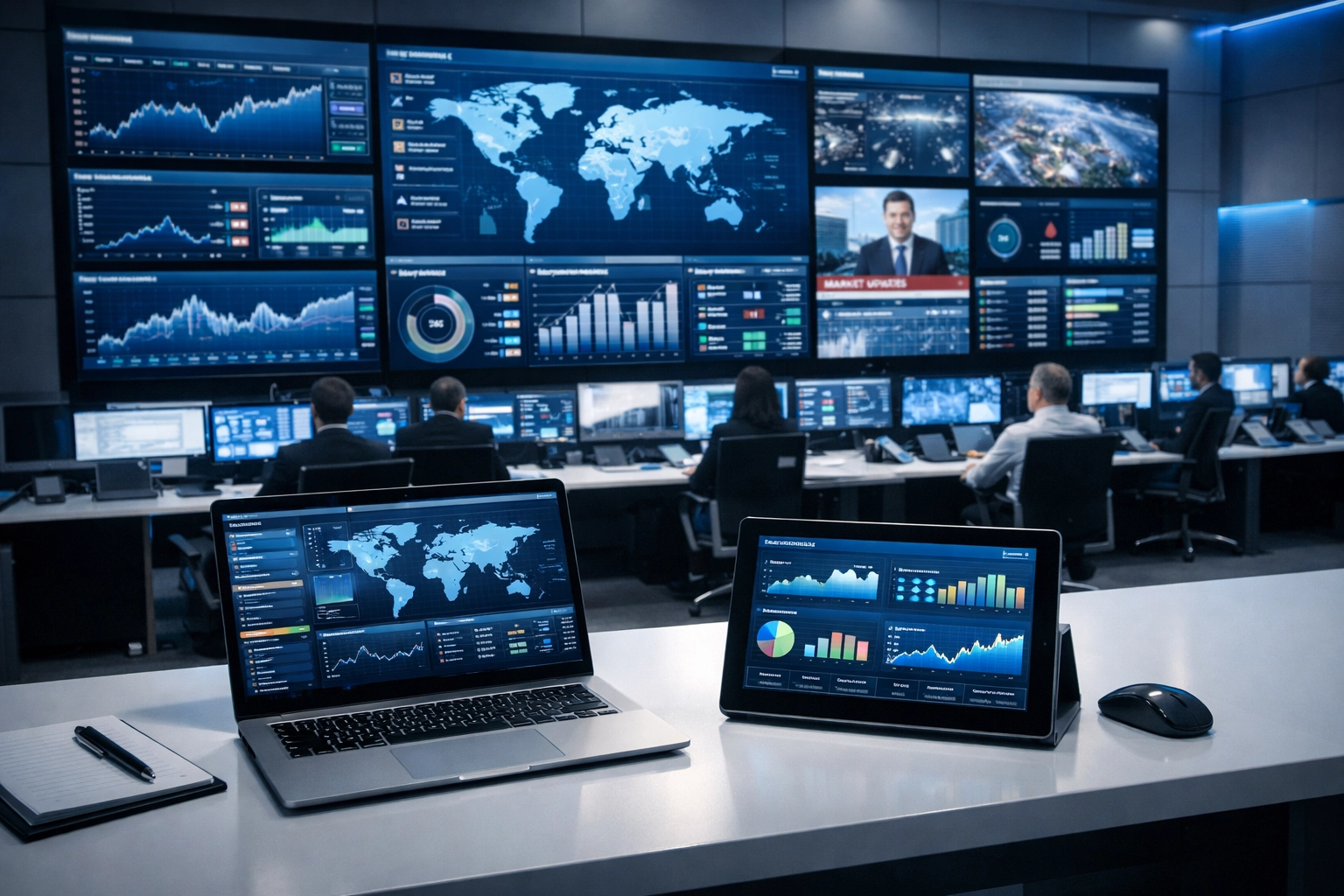 Corporate command center with digital monitors displaying market analytics and media asset performance tracking.