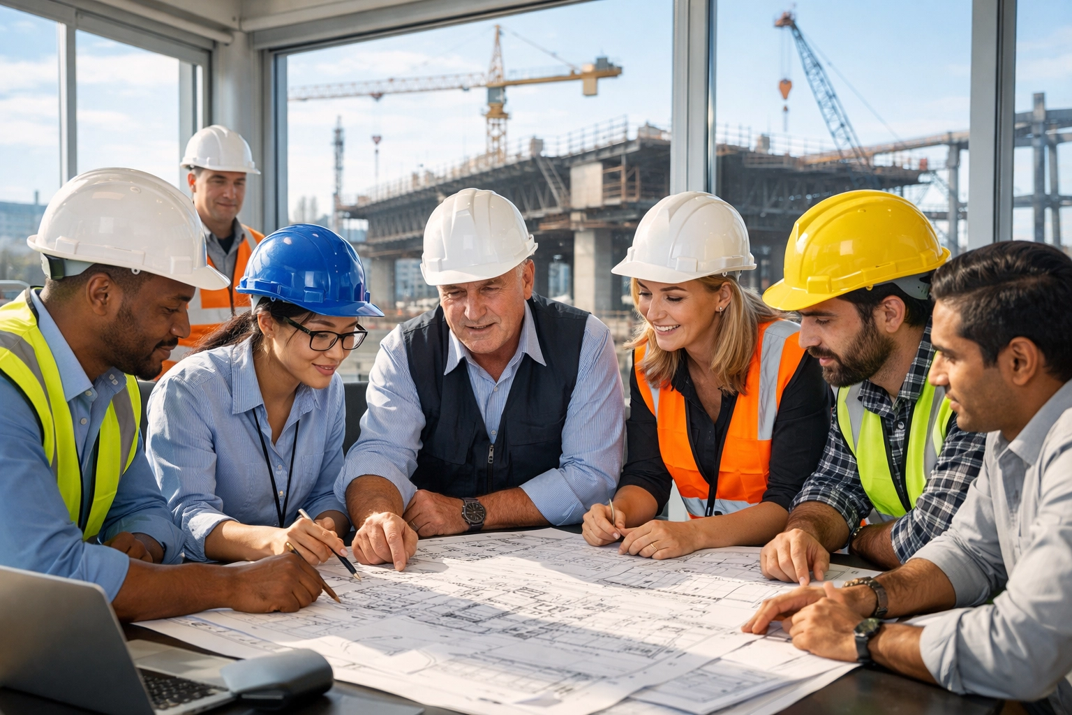 Construction professionals planning civils infrastructure project in site office