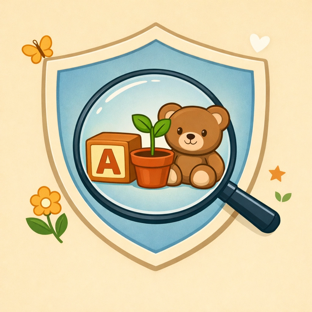 Illustration of a protective shield with nursery toys, symbolising safe and secure beginnings for children.