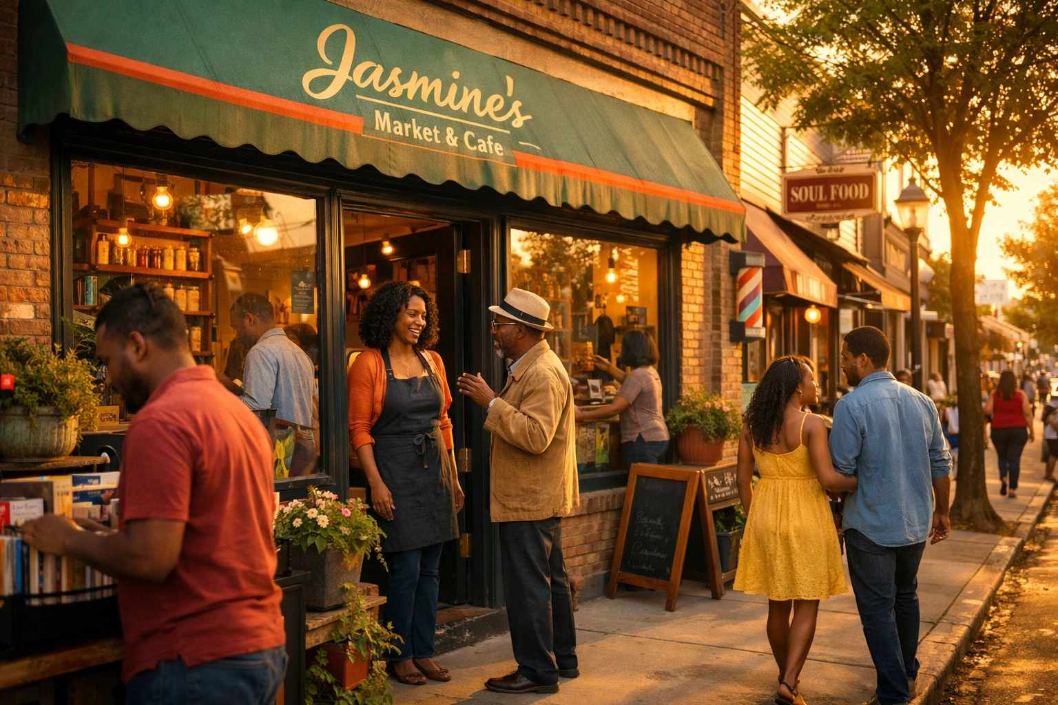 Thriving Black-owned local business storefront with customers in revitalized neighborhood