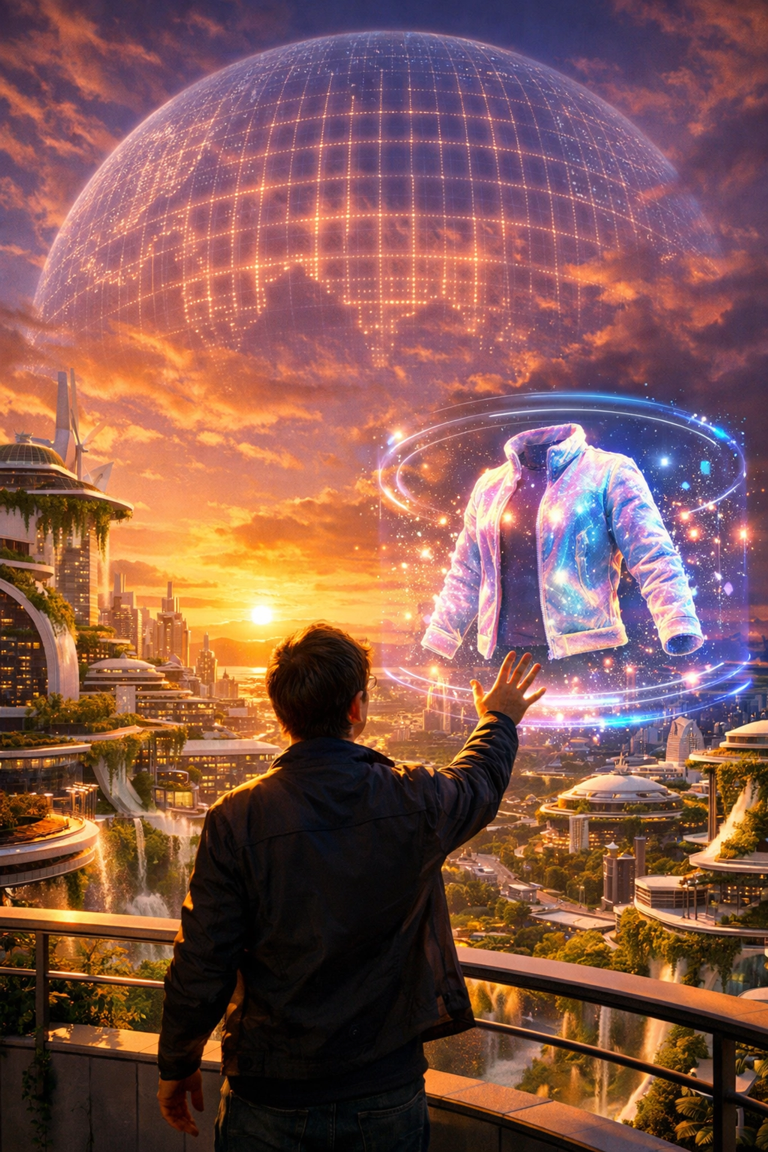 Futuristic Metaverse shopping experience with holographic retail displays powered by Larecoin AI.