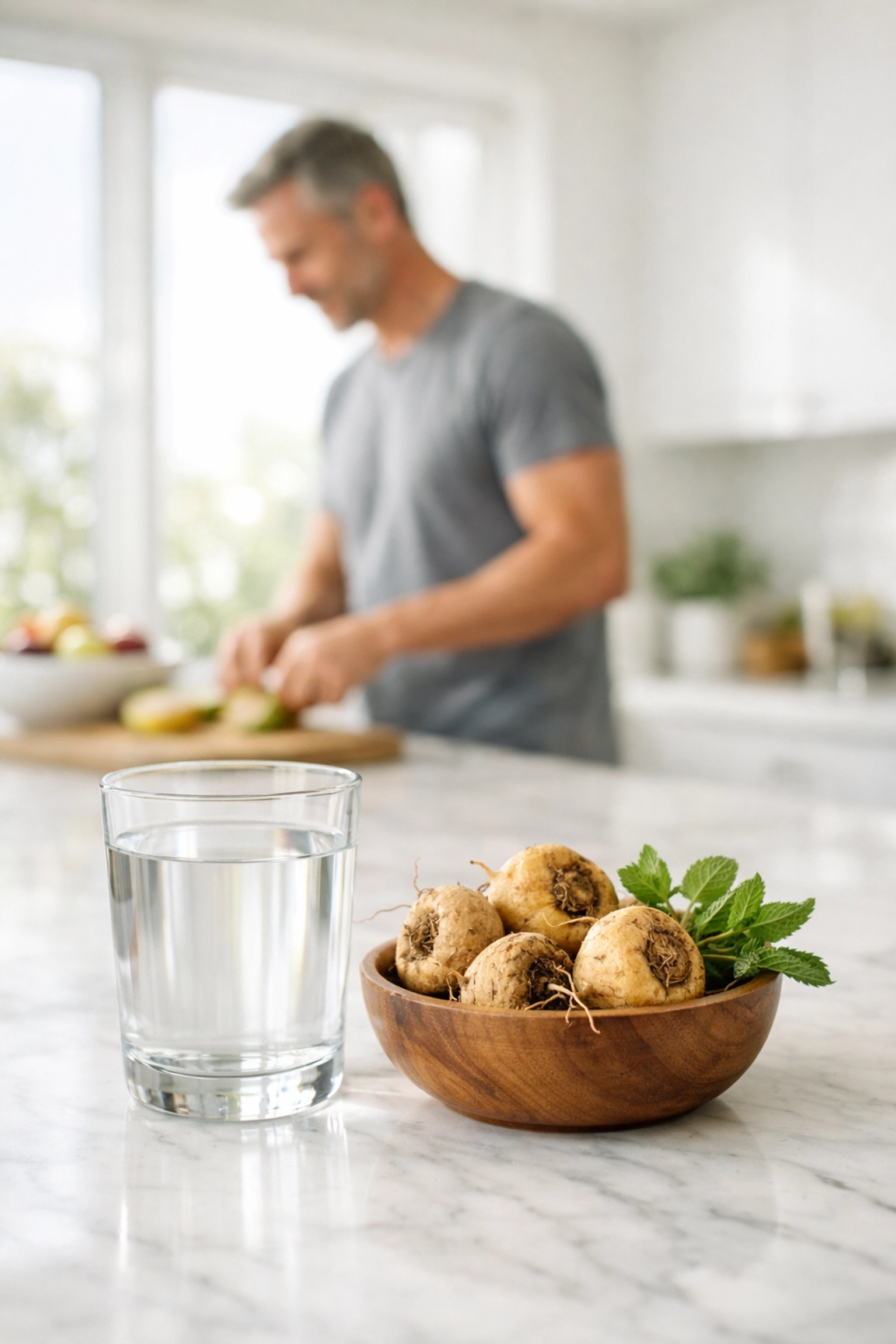 Fresh maca root and water in a modern kitchen, illustrating synergistic health for NMN 300mg results.