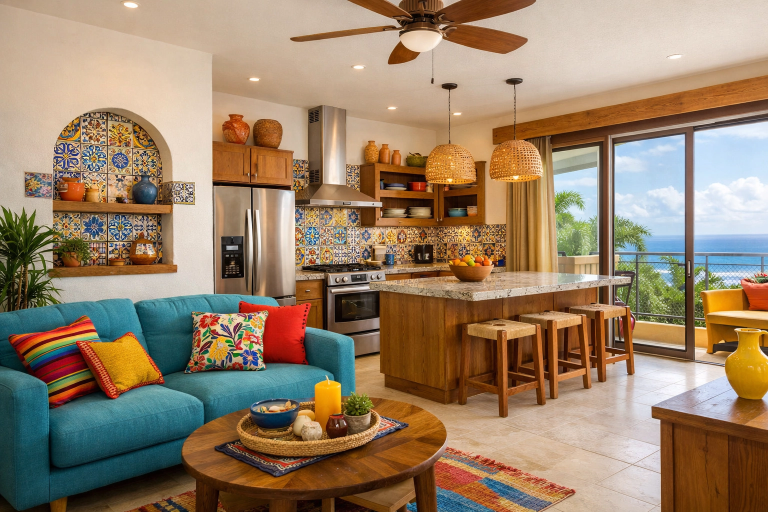 Modern Puerto Vallarta apartment interior with open kitchen and colorful Mexican decor