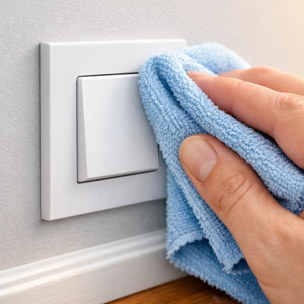 Detail cleaning a light switch as part of a comprehensive apartment cleaning Boston move-out.
