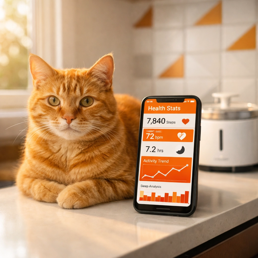 Orange tabby cat with smartphone displaying AI health monitoring dashboard for predictive cat care