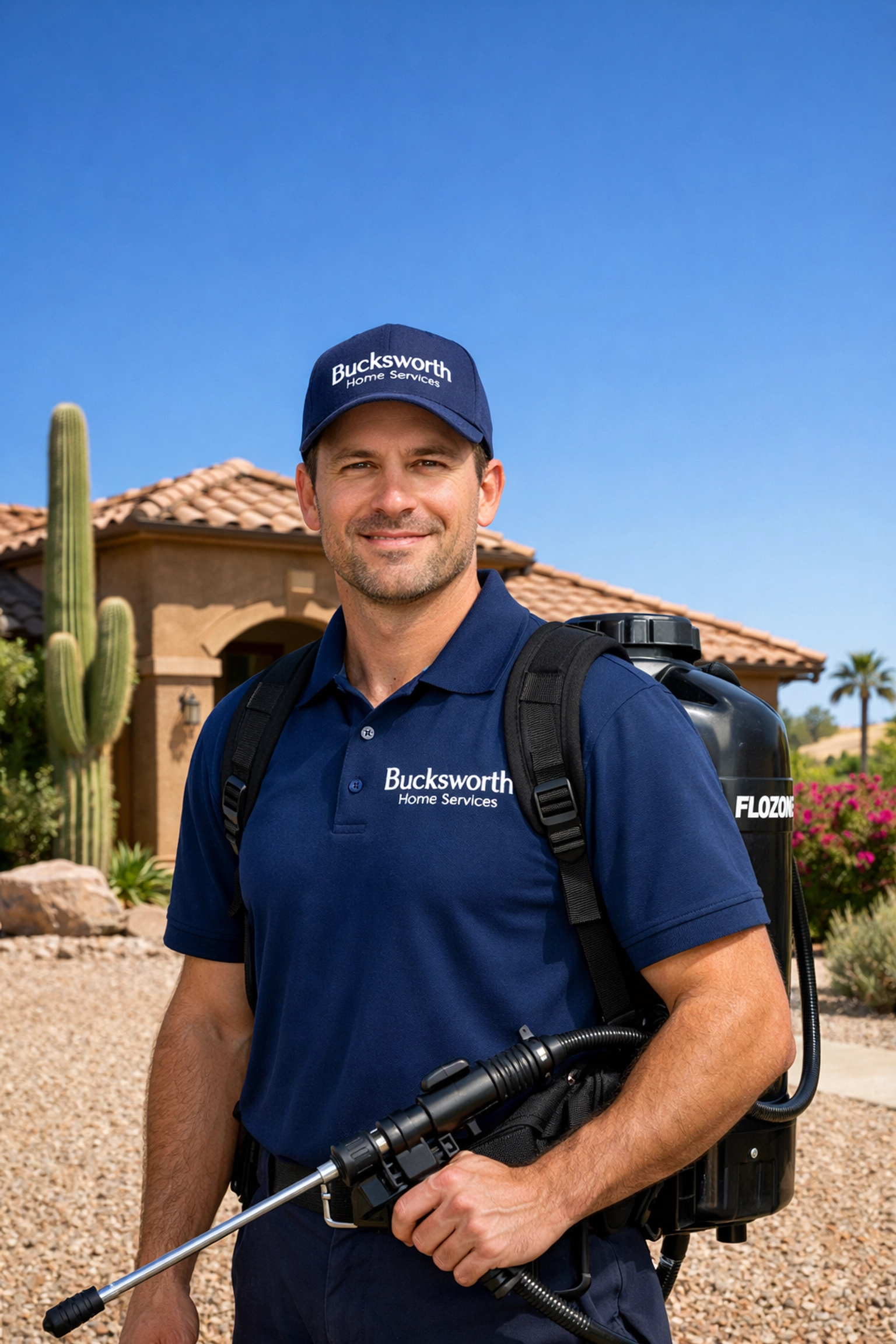 Professional Bucksworth technician with Flozone backpack sprayer providing pest control in Phoenix AZ.
