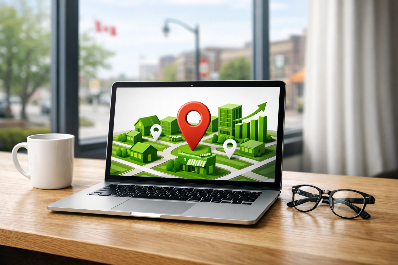 Laptop showing local SEO mapping for a gym or clinic website in a professional Ontario workspace.