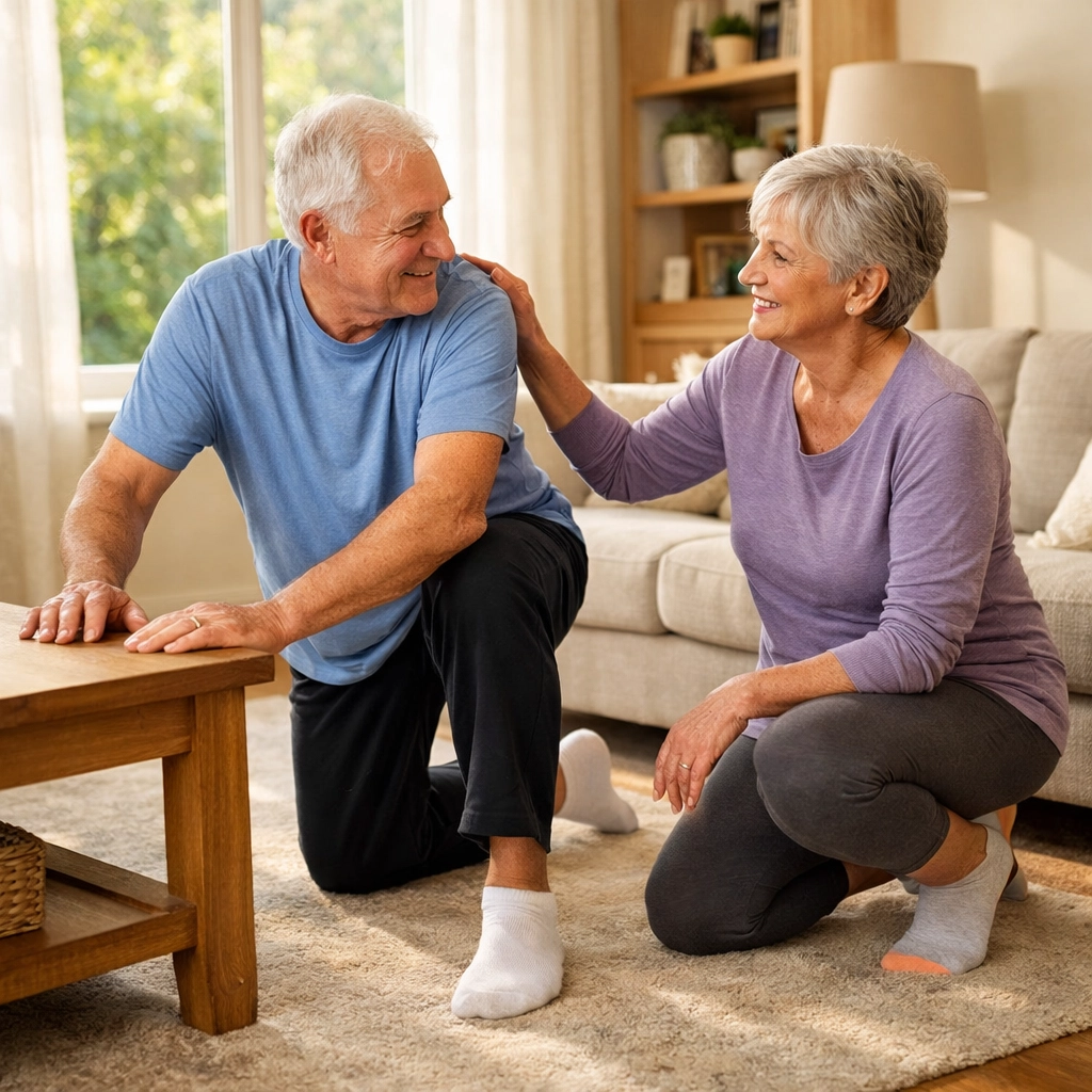 Senior couple practicing safe floor-to-standing fall recovery technique together at home