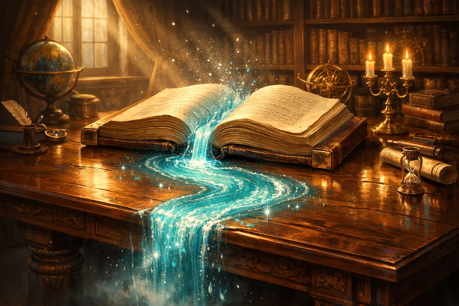 Refreshing water flowing from an open book symbolizing deep study and seeking truth over news headlines.