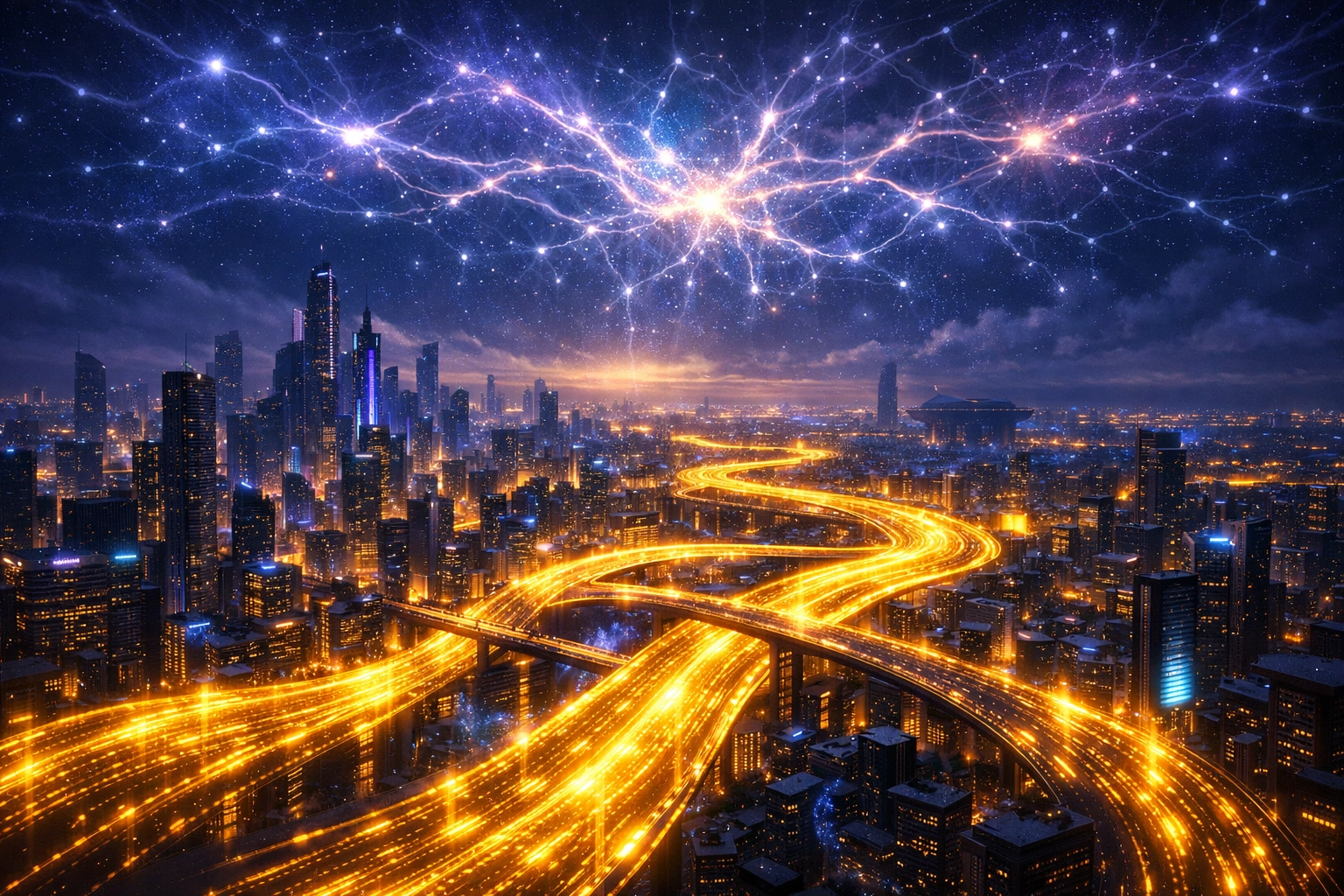 Futuristic city with golden data streams representing an AI-powered global Web3 payment network at night.