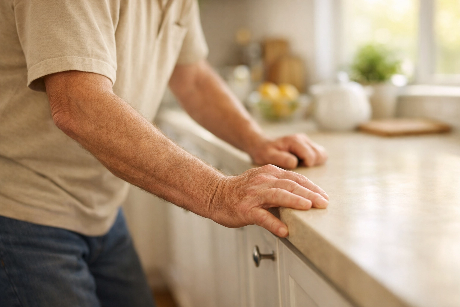 Senior holding kitchen counter for support demonstrating furniture surfing fall risk