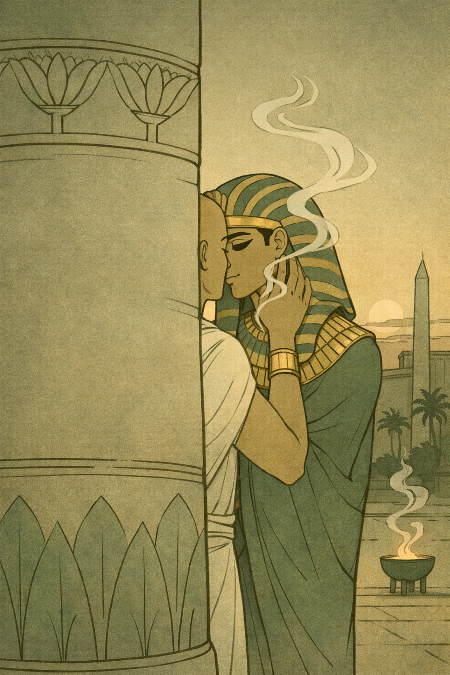Forbidden love between priest and pharaoh concealed behind temple pillar - literary gay romance